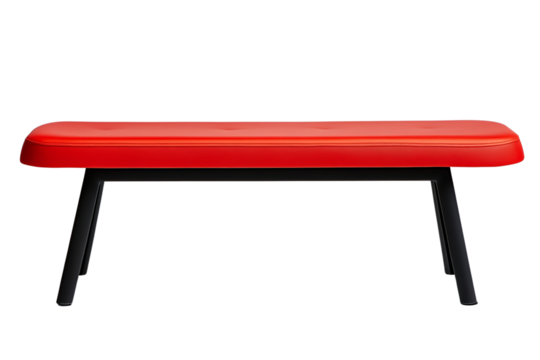 A red bench with black metal legs isolated on a transparent background