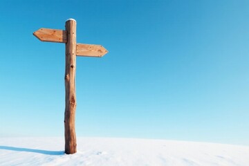 A rustic wooden signpost stands in a snowy field against a vibrant blue sky, offering two unmarked paths into the winter landscape.
