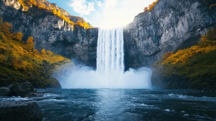 Waterfall landscape idea. Stunning waterfall amidst a scenic landscape, showcasing nature's breathtaking beauty.