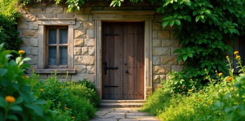 Rustic wooden door with overgrown vegetation and ancient architecture, rustic, stone