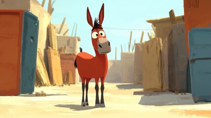 Cute cartoon donkey standing in a desert-like environment surrounded by colorful wooden containers, exuding charm and playfulness in a whimsical animated setting.
