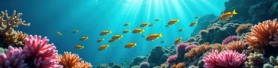 Fototapeta premium School of colorful fish swimming near coral reef in the ocean, fish, marine