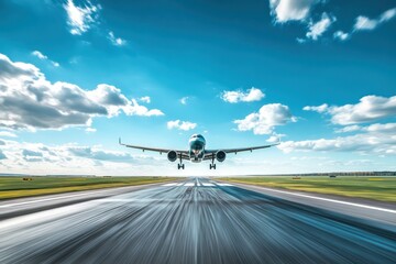 A plane speeding down a runway with motion blur, its wheels gripping the tarmac, framed by a clear, vast blue sky