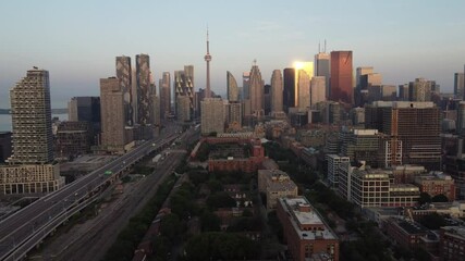 Aerial view of Toronto, Canada, at sunrise from the Distillery District