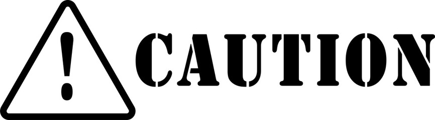 Caution mark and caution text without background. Isolated attention sign with exclamation mark. Png file.