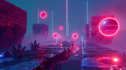 Vibrant and futuristic cityscape with glowing neon lights surreal architecture and a moody dystopian atmosphere  This digital art piece showcases a fantastical cyberpunk inspired urban landscape