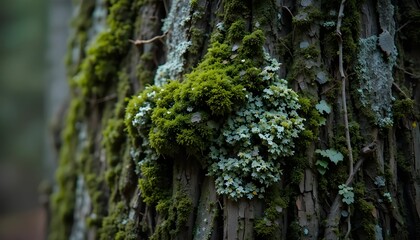 Obraz premium Moss and Lichen Layered on a Tree Trunk Creating a Stunning Natural Texture