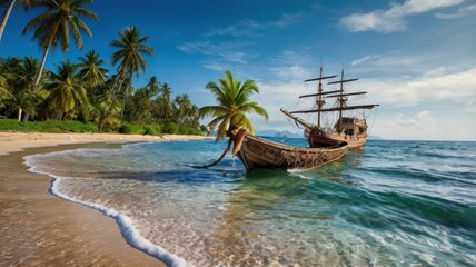 Obraz premium Antique ship on tropical beach