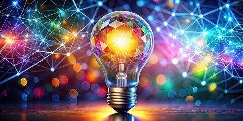 A glowing abstract lightbulb with geometric patterns and vibrant colors surrounding it, creating a unique visual representation of energy and creativity , innovation, abstraction