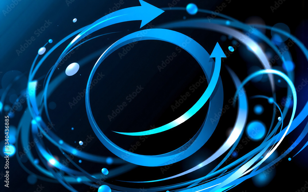 Poster dynamic blue swirls and circles with arrows create an abstract, energetic flow on a dark backdrop. t