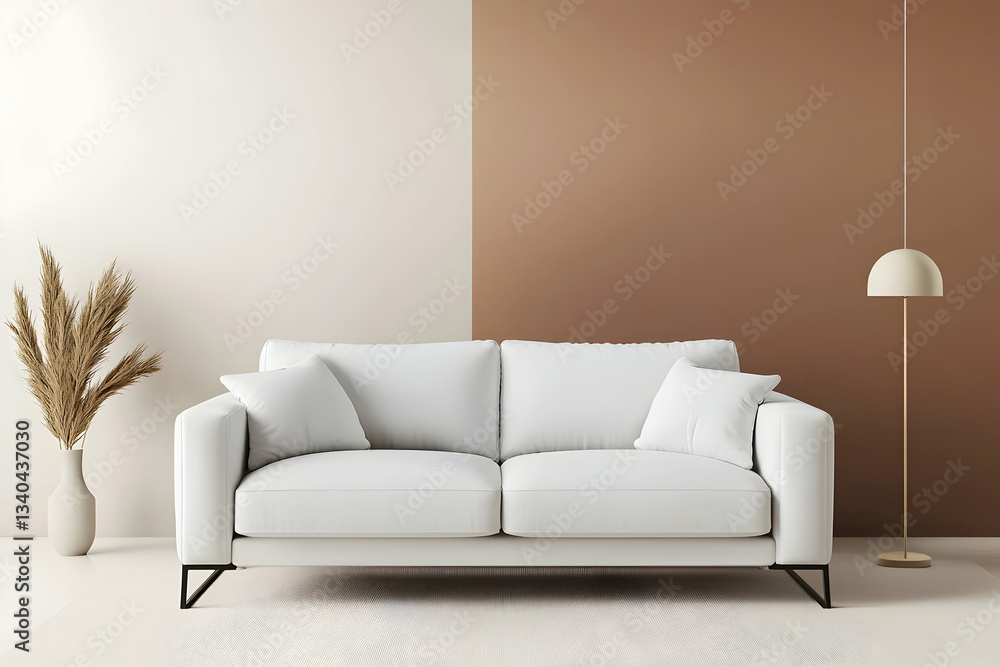 Poster a white sofa placed in front of a minimalist background with light brown tones creates a serene and 