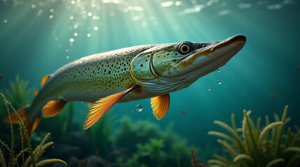 Fototapeta premium Pike swimming gracefully underwater with sunlight rays filtering through in a vibrant aquatic scene 