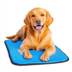 Happy golden retriever lying on a cool mat, showcasing a relaxed and content expression in a bright setting.