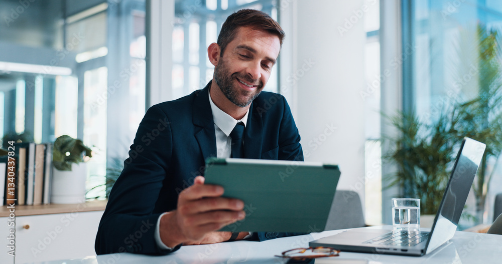 Poster man, tablet and happy with laptop in office with stats, review and research with fintech application