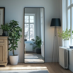stylish interior featuring tall mirror reflecting natural light, surrounded by indoor plants and modern decor, creating serene atmosphere