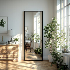 stylish interior featuring tall black frame mirror reflecting bright room with wooden flooring, plants, and natural light