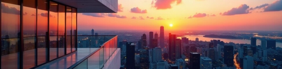 Fototapeta premium Sleek glass balcony overlooking city skyline at sunset, high-rise condo, window view