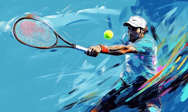 Dynamic tennis player in action. Vivid colors and brushstrokes depict a powerful serve