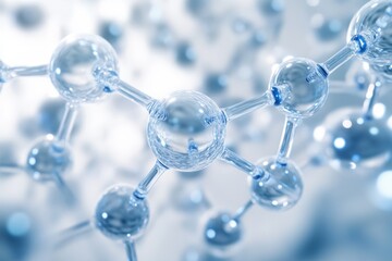 Scientifically accurate 3D rendering of many interconnected molecules, depicting molecules consisting of glassy spheres and highly detailed joints, showing realistic light interactions.