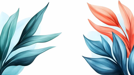 Fototapeta premium Soft Watercolor Background with Teal and Coral Boho Leaves