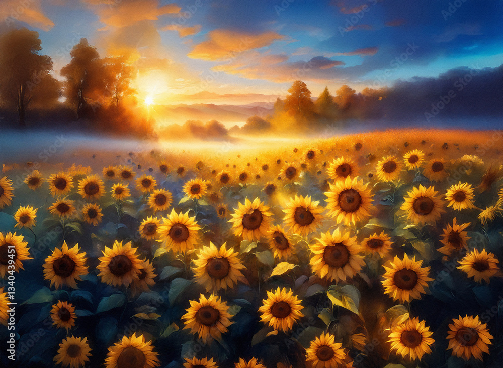 Poster a field of vibrant sunflowers basks in the warm glow of the setting sun, with a gentle mist creating