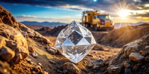 Obraz premium Large rough diamond surrounded by earthy terrain and mining equipment