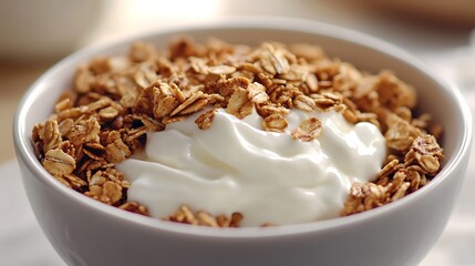 Bowl of granola with greek yogurt on a light background