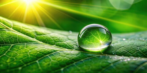 Close-up of water droplet on vibrant green leaf with dew glistening in sunlight , nature, water droplet,  nature