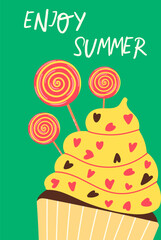 Enjoy Summer Greeting Card, poster. Cupcake and lollipops. Bright colors, vector flat illustrations