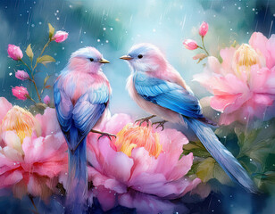 Obraz premium Gentle pink and blue birds perched on pink flowers create a serene nature scene. Soft blurred background enhances the peaceful ambiance.