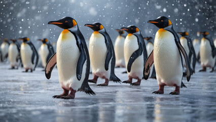Fototapeta premium Penguins on Ice – Capture a group of penguins waddling on an icy landscape, with snowflakes falling gently around them for a winter wonderland effect.