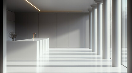 modern interior space featuring minimalist kitchen with sleek design, natural light casting shadows, and elegant columns