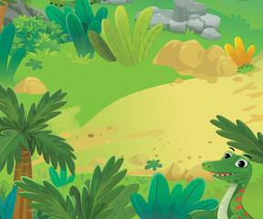 cartoon dinosaur land scene with animal dino in the jungle illustration for the children © honeyflavour