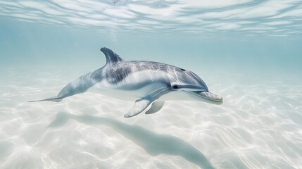 Naklejka premium Dolphin swimming gracefully in clear turquoise shallow ocean water