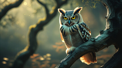 A wise and mysterious owl stares intently, its piercing, luminescent yellow eyes, surrounded by delicate, feathery eyelids, fixed on the viewer