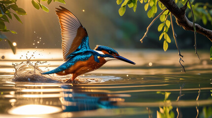 A majestic kingfisher, its iridescent blue and white feathers glistening in the sunlight, perpetuates a dramatic dive into the calm waters