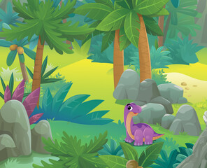cartoon dinosaur land scene with animal dino in the jungle illustration for the children © honeyflavour