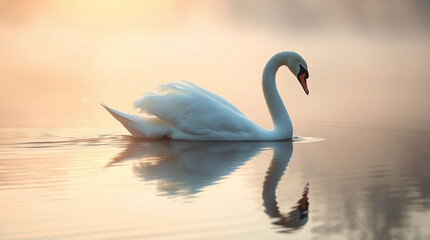 Fototapeta premium A majestic swan, its snowy-white feathers glistening with dew, glides effortlessly across the glassy surface of a serene lake, surrounded by a veil of soft, ethereal mist 