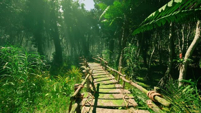 A rustic wooden footbridge spans a lush jungle, showcasing traditional craftsmanship. Surrounding greenery thrives in the atmospheric sunlight filtering through the towering trees. - Powered by Adobe