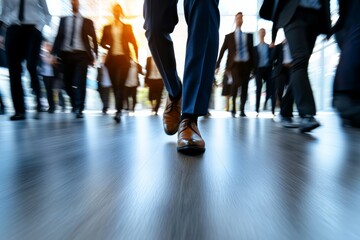 Obraz premium Busy employees in a contemporary office building, motion blur effect symbolizing productivity, teamwork, and fast-paced corporate life