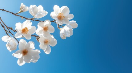 A beautiful blue sky with a bunch of white flowers