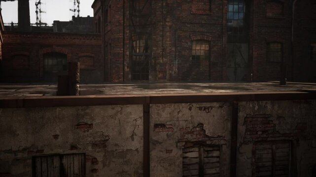 The ruins of an abandoned factory show signs of collapse, with old brick buildings deteriorating and becoming unusable over time.