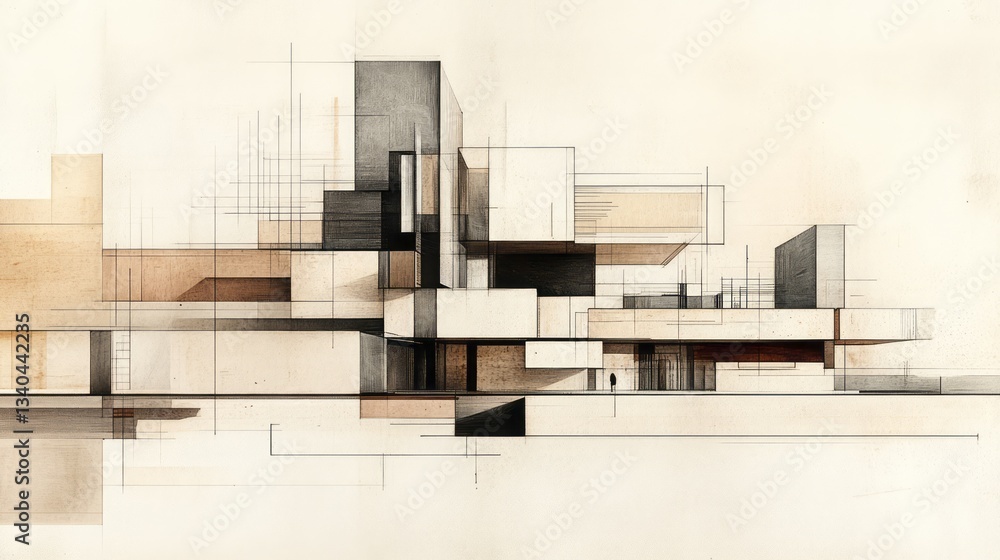 Poster architectural sketch depicts modern building with geometric shapes and lines