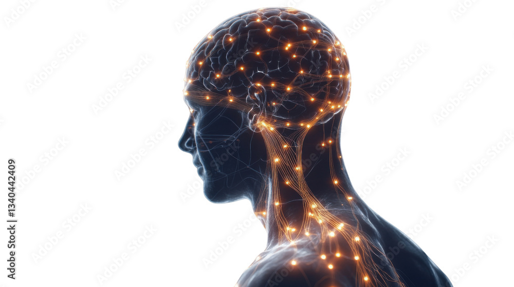 Poster human nervous system showing brain activity and synapses firing with transparent background