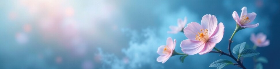 Soft blue mist swirling around a delicate floral bloom, soft light blue, blooming