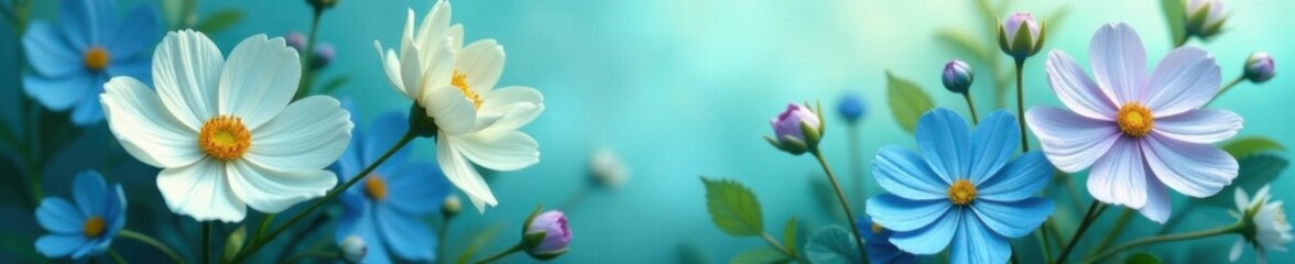 Fototapeta premium Soft floral blooms in shades of blue and green, blue, watercolor