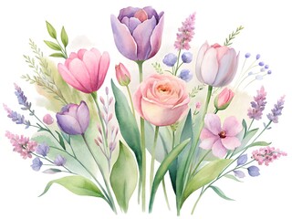 Fototapeta premium watercolor artwork illustration Vibrant pink tulips and mixed blooms, a fresh bouquet on white