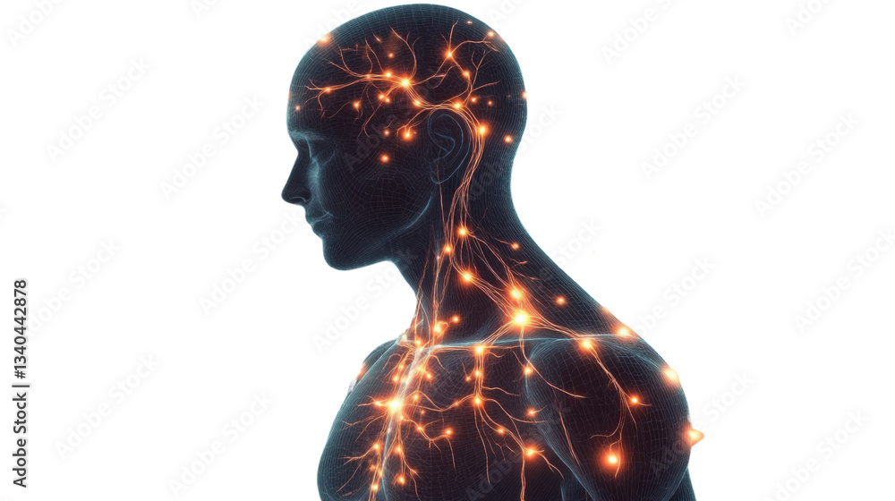 Poster human nervous system showing brain and nerve connections with transparent background
