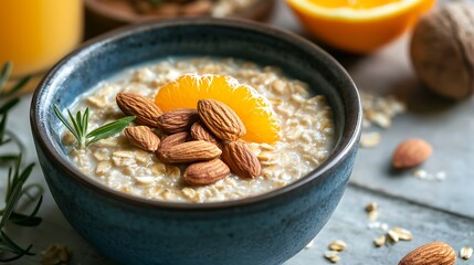 Fototapeta premium Bowl of homemade oatmeal porridge with almonds and orange juice