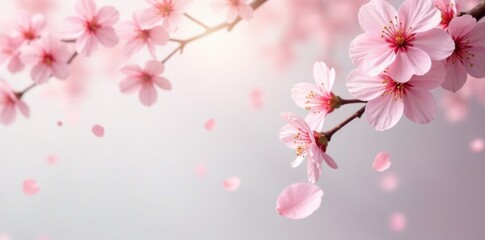 Fototapeta premium soft pink sakura petals drifting down slowly, minimalist background, soft pink, gentle fall, serene ambiance